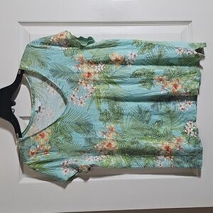 J. Jill Love Linen Blue Green Tropica Short Sleeve T-Shirt 100% Linen Top Size M